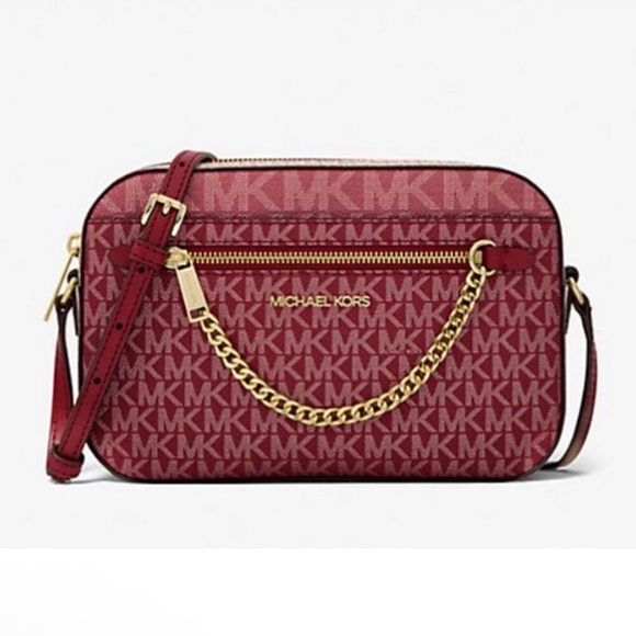 Michael Kors Handbags - ✨ Michael Kors Jet Set Large Metallic Signature Logo Crossbody | Cherry | NWT ✨